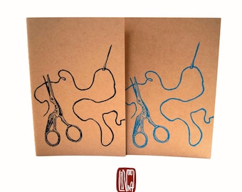 Kraft Paper Notebook, A5, Needle and Thread, Crane Scissors, Original Linocut, Hand-Printed, 60 Blank Pages