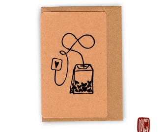 Handmade Greeting Card with Heart Tea Design – Original Linocut Print, with Envelope