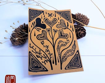 Floral Motive, Linocut Greeting Card, Original Art, Hand-Printed on Thick Kraft Paper, For Birthday, Mother's Day, as a gift card