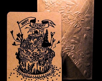 Handprinted Birthday Card – Linocut Cake on Kraft Paper + Floral Embossed Envelope