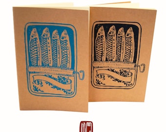 Kraft Paper Notebook, A5, Sardine Can, Original Linocut, Hand-Printed, 60 Blank Pages
