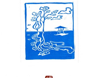Mini Linocut Print “Reflection” – Original Hand-Printed – Signed – 12 × 13 cm – Blue Landscape Art