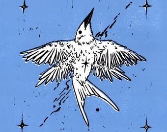 Fourth Wing, Original Linocut Print, 21 x 21 cm, Bird design, handprinted, square, limited Edition of 10, blue bird, star bird