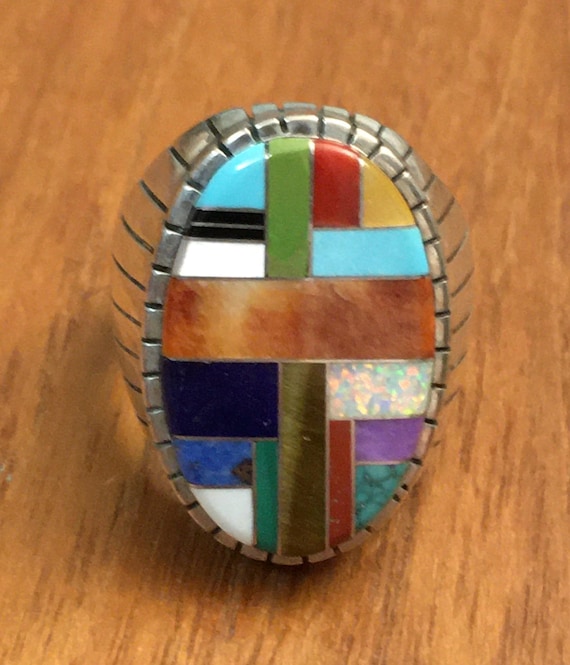 Native Sterling Silver Stone INLAY  Ring Patchwor… - image 2
