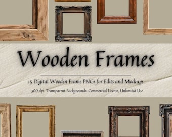 May include: A set of 15 digital wooden picture frames in various styles and sizes. The frames are isolated on a transparent background and are perfect for adding a rustic touch to your digital designs.