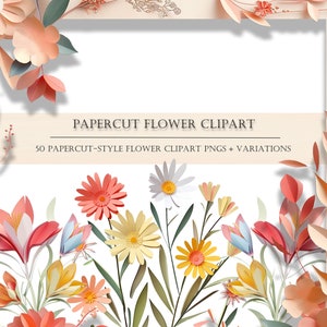 50 detalhes de clipart digital de flores cortadas em papel, PNGs para edição de fotos, licença comercial, colagens de imagens de primavera no Instagram, além de extras