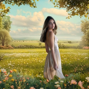 May include: A young woman in a white dress stands in a field of wildflowers. The field is surrounded by trees and a blue sky with white clouds.