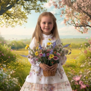 May include: A young girl in a white dress with pink and white plaid trim holds a basket of colorful wildflowers in a spring meadow.