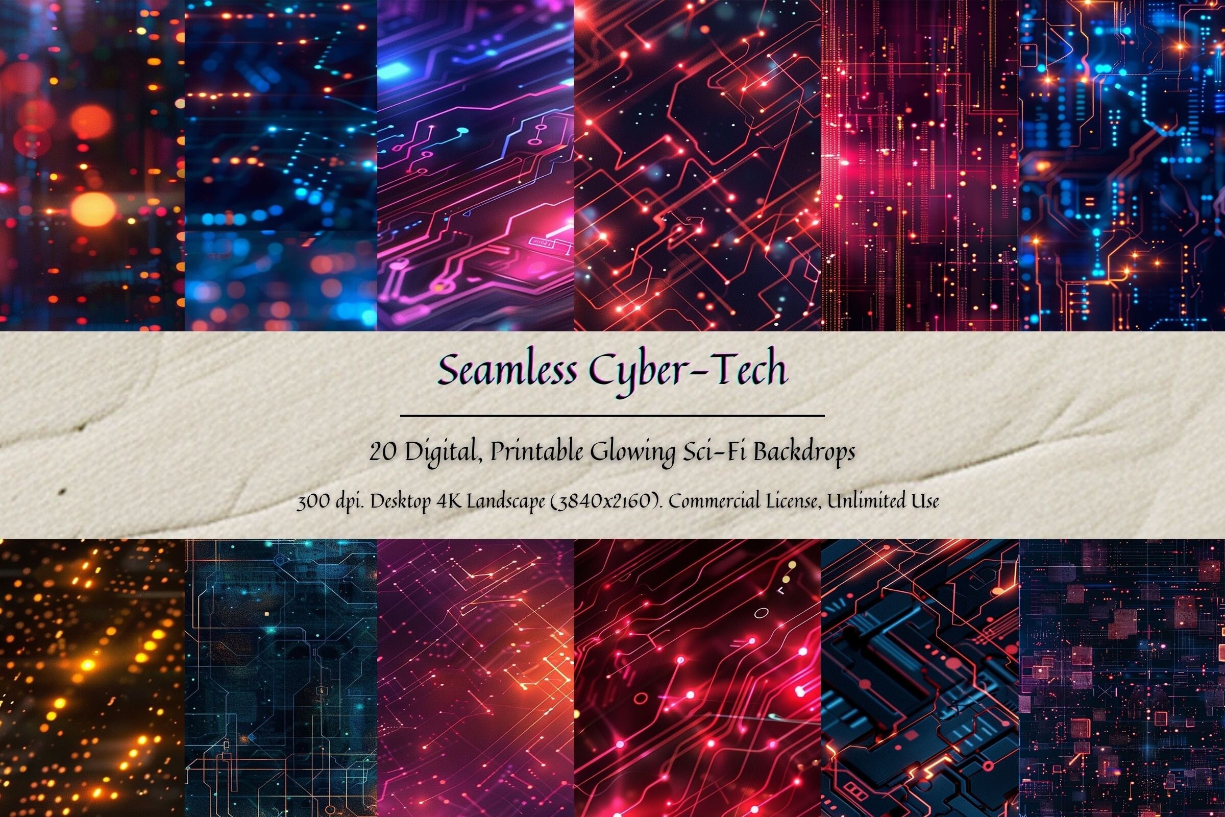 20 Seamless Sci-fi Cyber Digital Backdrops, Glowing Photoshop Backgrounds, Desktop Backdrops, Zoom, Instagram, Cosplay, Computer Screensaver