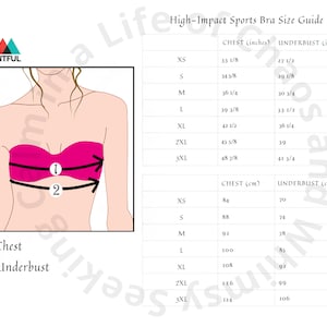 May include: A size chart for high-impact sports bras, showing measurements in inches and centimeters for chest and underbust. The chart includes sizes XS to 3XL.