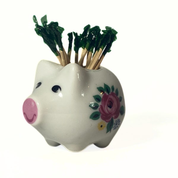 Vintage Floral Ceramic Porcelain Pig Toothpick Holder Made in Taiwan