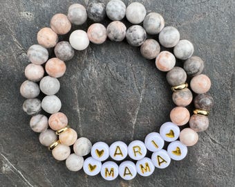 Customizable Pink Zebra Jasper Bracelet, Mama and Me Set