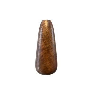May include: A dark brown wooden vase with a smooth, rounded shape.