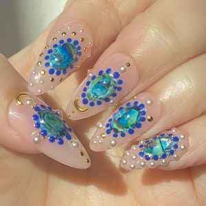 Abalone Goddess - custom handmade abalone shell pearl and gold 3d gel nails