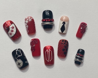 2.0 - Uñas postizas de gel con efecto ojo de gato cromado 3D pintadas a mano, inspiradas en el K-pop y pintadas a mano.