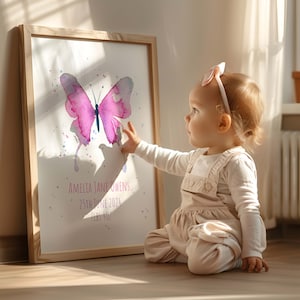 "Baby-Mädchen benutzerdefinierte rosa Aquarell Schmetterling Schmetterling Kinderzimmer Poster mit Namen, Geburtsdatum und Gewicht des Babys mit Baby-Statistiken."