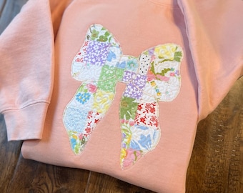 Embroidered bow sweatshirt, coquette bow, vintage fabric sweatshirt, patchwork sweatshirt, one of a kind sweatshirt, quilt patch sweatshirt