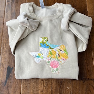 State Embroidered Sweatshirt | applique quilt pullover | state sweatshirt | patchwork hoodie | vintage fabric sweatshirt |