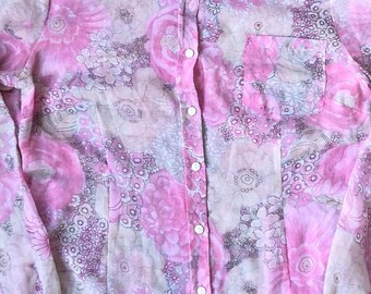 1970s Sheer Floral Blouse Size M Pink Psychedelic Pointed Collar Shirt
