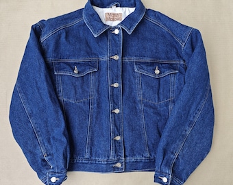 80er Jahre Vintage Jeansjacke, Boxy, Größe L. Gestepptes Futter, Knopfleiste vorne, kurze Passform