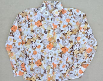 Vintage 70-tals Diolen bomullsskjorta, orangebrunt blommönster, långärmad knäppning, Västtyskland