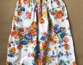Vintage Floral Cotton Skirt, 50s Danish Midi Skirt with Pockets XS–S
