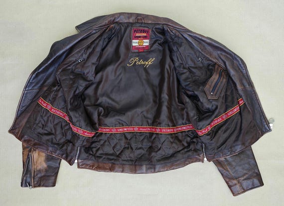 Vintage 80s Petroff Leather Jacket, Size L. Brown Distressed Moto