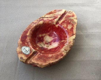 1960's Hand-Carved Alabaster Ashtray in Red, Orange, and Yellow, Vintage Italian Barware Collectible