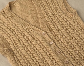 Vintage Mid-century Beige Cable Knit Button-Up Vest Size M