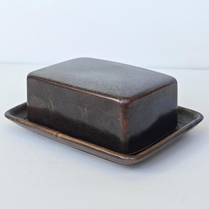 Vintage Ceramic Butter Dish with Lid, Brown Blue Green Speckled Glaze, Rectangular Butter Keeper