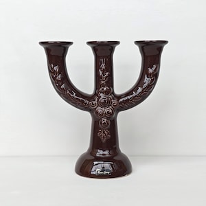 Rosa Ljung Vintage 3-armad keramikkandelaber, brun ljusstake, svensk skandinavisk inredning, 1970-tal