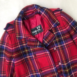 1960&#39;s Vintage Cojana Tartan Plaid Coat, Double-Breasted, Red Blue Yellow Checkered Wool Blend Jacket