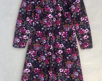 Vintage 60s / 70s Floral Maxi Dress, Size S (Eur 36) Psychedelic Mod Print, Long Sleeve, Zip Front, Black Lining