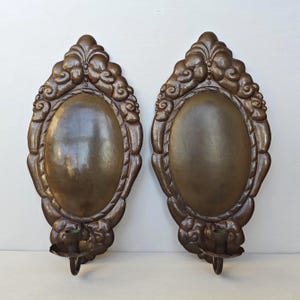 Pair of Vintage Hammered Brass Wall Sconces, Embossed Candle Holders with Scrolls