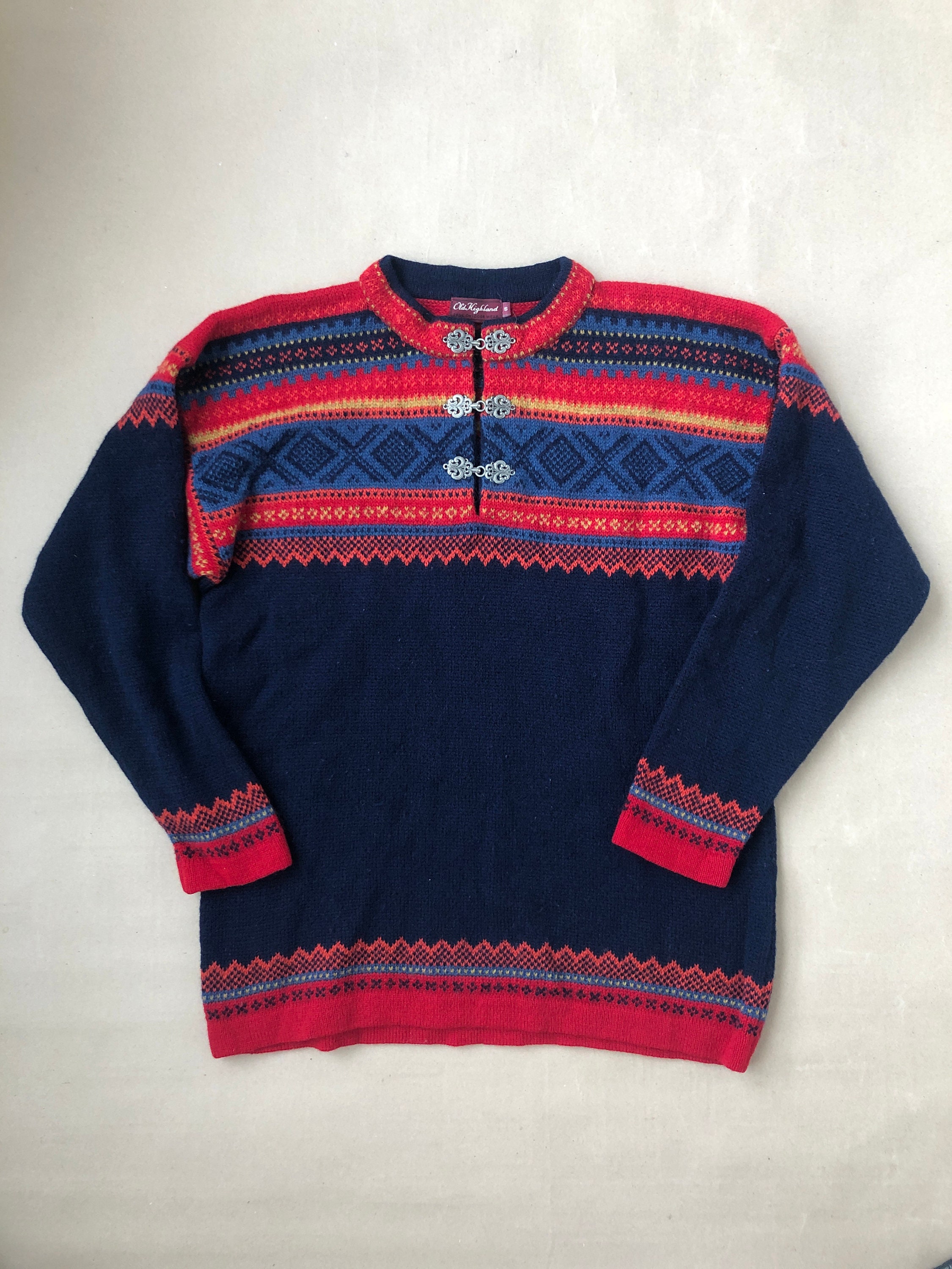 VildaVaror Vintage Old Highland Wool Jumper Outdoor Wear Size S Knitted Sweater Colourful Knitwear Classic Design