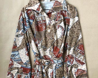 Vintage 70s Paisley Skirt Set, Austrian Two Piece Outfit, Brown Red Print, Size S