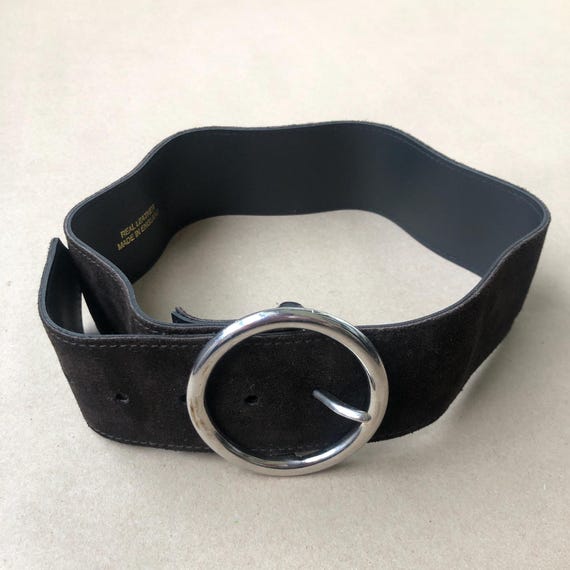 Wide Genuine Suede Leather Belt in Brown With Round Metal  display picture 2