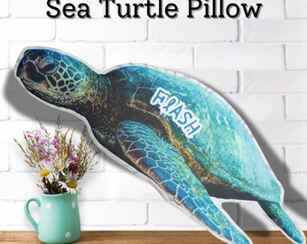 Custom Sea Turtle Photo Pillow, Personalized Name Ocean tortoise Nautical Beach House Decor Bed time buddy nursery Plush Pillow gift for kid