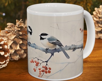 Watercolor Chickadees mug, 2 sizes. Sumi-e, songbirds backyard wildlife gift for gardener nature lover birding Autumn wildlife art