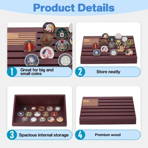 May include: A wooden coin display case with an engraved American flag design. The case is a dark brown color and features multiple slots for displaying coins of various sizes. The text "Product Details" is at the top.