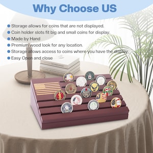 May include: A burgundy coin display case with an American flag design, holding various collectible coins. The case has multiple slots for displaying coins and the text "Why Choose US".