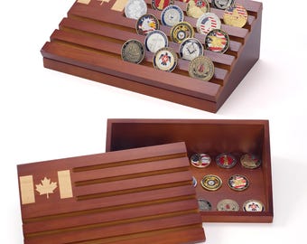 Military Challenge Coin Display with Storage and Canada Engraved Flag - Artista Vision Brown