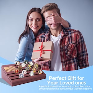May include: A wooden coin display stand with an American flag design, holding various collectible coins. A couple is shown, one holding a wrapped gift with a red ribbon. The text reads "Perfect Gift for Your Loved ones."