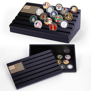 Military Challenge Coin Display with Storage and Engraved Flag - Artista Vision