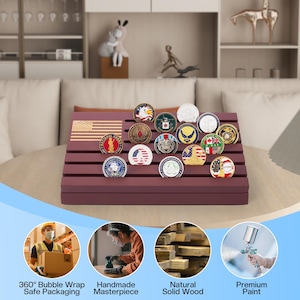 May include: A burgundy wooden display stand with an engraved American flag and multiple military challenge coins. The stand is designed to hold the coins, showcasing various emblems and insignias. The stand is made of natural solid wood.