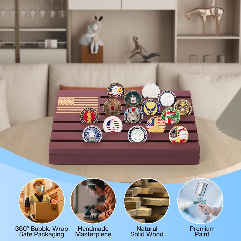 May include: A burgundy wooden display stand with an engraved American flag and multiple military challenge coins. The stand is designed to hold the coins, showcasing various emblems and insignias. The stand is made of natural solid wood.