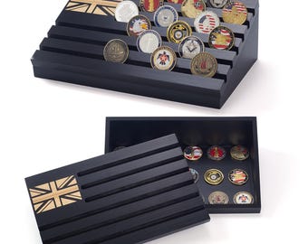Military Challenge Coin Display with Storage and UK Engraved Flag - Artista Vision Black