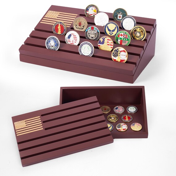 Challenge Coin Display for Military and Coin Collectors, Mahogany