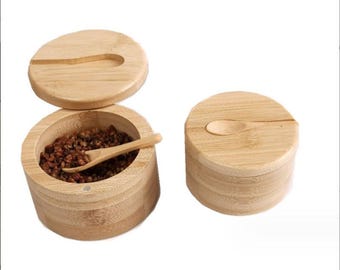 Condiment Holder Made of Wood with Rotating Lid and Spoon.