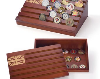 Military Challenge Coin Display with Storage and UK Engraved Flag - Artista Vision Brown
